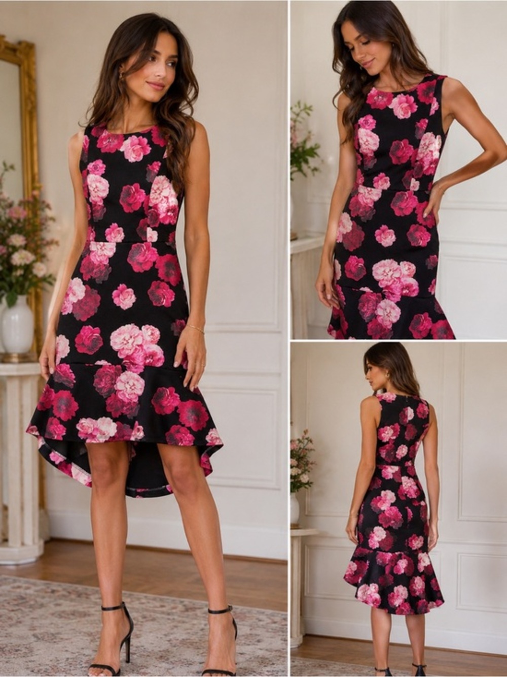 Enfocus Studio Black Pink Floral High Low 10 Dress Romantic Coquette Occasion